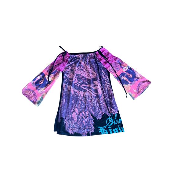 CUSTO Barcelona Flare Sleeve Tunic Top Colorful Bird Print Size  4 Large / L - Picture 9 of 9